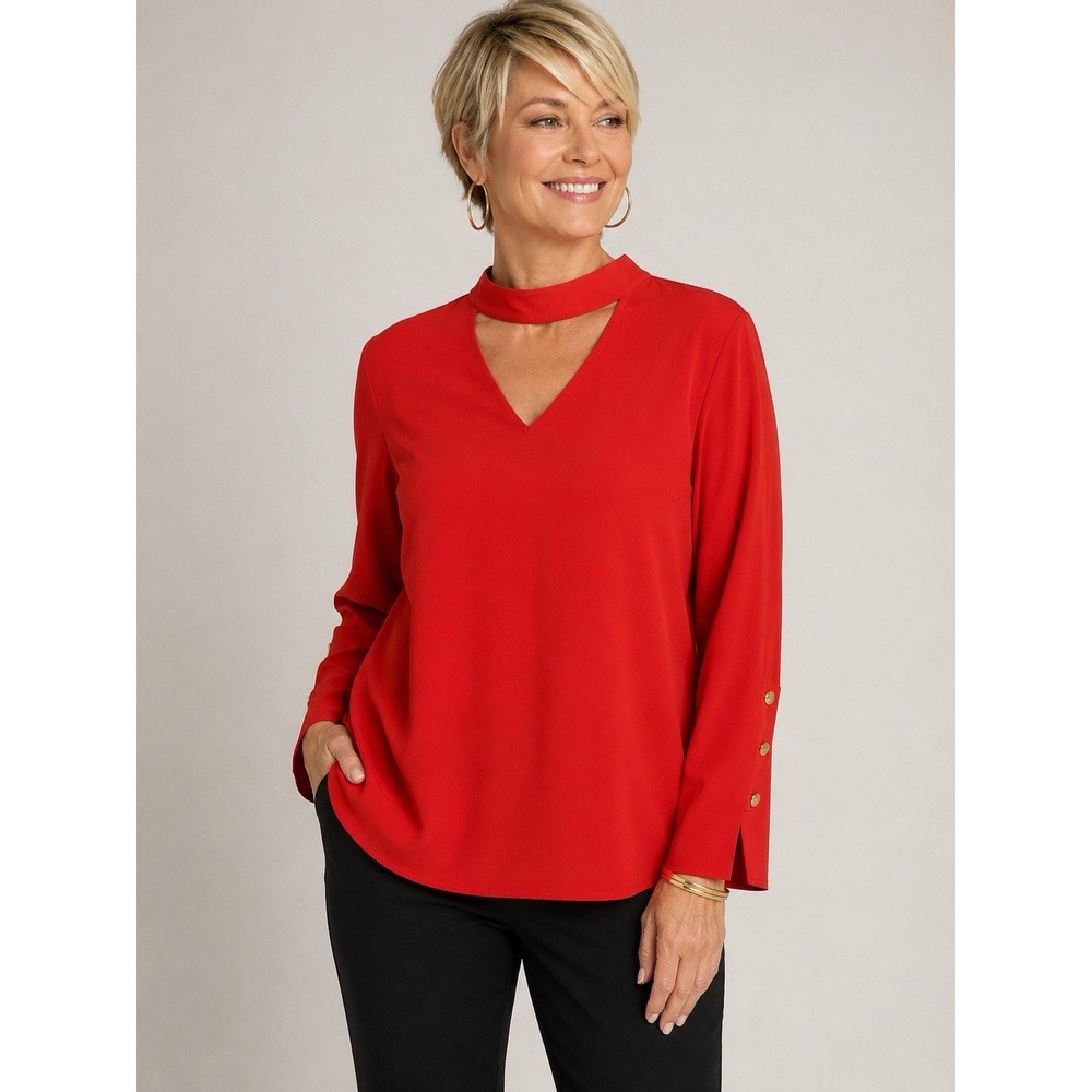 Chico's Size 3 XL Red Blouse Choker V Neck Gold Button Sleeve Holiday Party